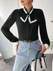 SHEIN Privé Camisa Con Cuello Anudado Y Ribete En Contraste - Negro - Ver 3