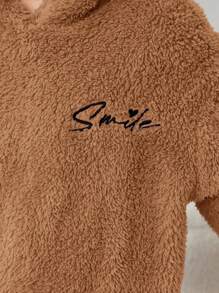 SHEIN Tween Girl Letter Embroidery 3D Ears Design Hooded Flannel Top & Pants PJ Set