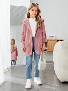 SHEIN 單色通勤帽裝開衫連帽偏軟夾克,適用於青春期女孩,秋冬 - 淺粉色 - 查看 5