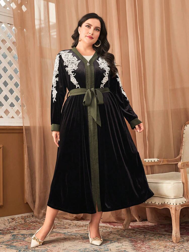 Plus Floral Embroidery Belted Velvet Dress Kaftan Jalabiya Dress