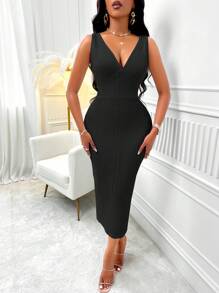 SHEIN Slayr 素色深V領緊身洋裝 - 黑色 - 查看 4