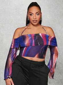 SHEIN BAE Plus Tie Dye Tie Backless Crop Halter Top - Multicolor - View 2