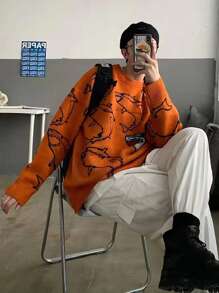 Manfinity Hypemode Hombres Jersey con patrón de tiburón de hombros caídos - Naranja - Ver 1