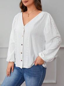 SHEIN Frenchy Hơn Lỗ gắn thêu Tay áo lồng đèn Nút phía trước Áo sơ mi - trắng - Xem 5