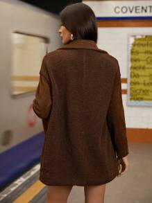 SHEIN Unity Drop Shoulder Button Front Teddy Coat Fall Cloth For Women - Chocolate Brown - View 2