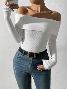 RosyDaze Jersey doblado de hombros descubiertos tejido de canalé - Blanco - Ver 1