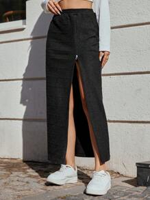 SHEIN Cottnline Zip Side Split Thigh Skirt - Black - View 5