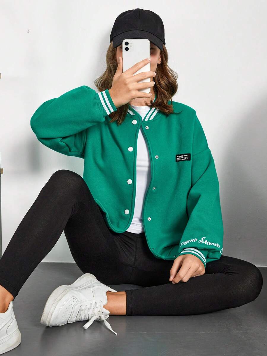 RueChic Teen Girl Letter Patched Striped Trim Drop Shoulder Varsity Jacket - Green - View 1