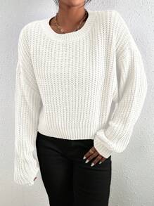 Chiquease Solid Ribbed Knit Drop Shoulder Jumper - White - View 5