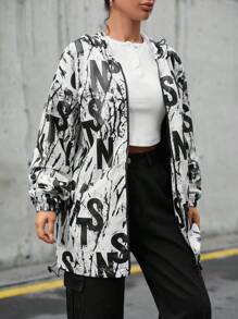 RueChic Letter Print Hooded Zipper Jacket - Black - View 4