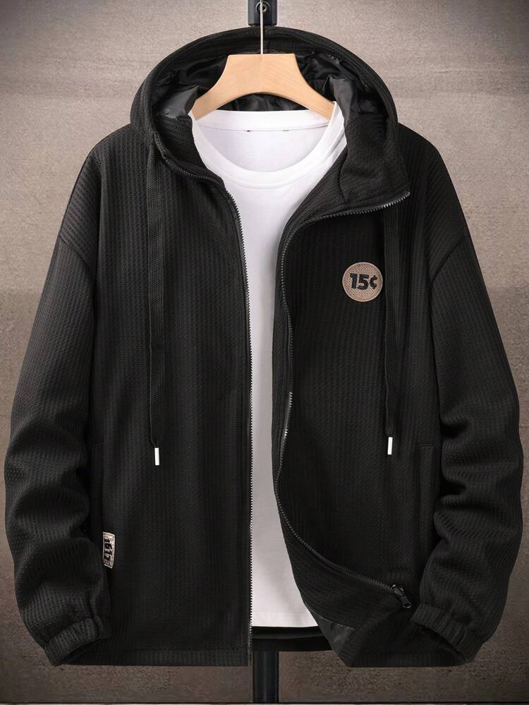 Men Letter Patched Drop Shoulder Drawstring Hooded Jacket Without Tee