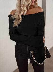 SoleilVie 露肩翻领罗纹针织毛衣、长袖上衣