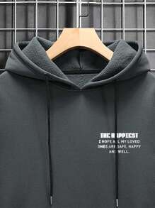 Manfinity Homme Men Slogan Graphic Kangaroo Pocket Drawstring Thermal Lined Hoodie - Dark Grey - View 6