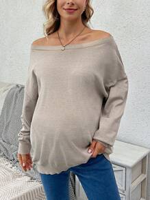 SHEIN Maternity Off Shoulder Drop Sleeve Sweater, For Winter - Khaki - View 2