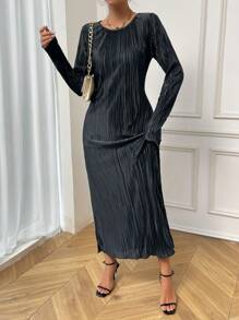 RosyDaze Vestido maxi con recorte de lechuga sólida y plisado para mujer