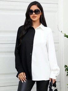 SHEIN Maternidad Blusa de dos tonos con botón delantero - Blanco y Negro - Ver 4