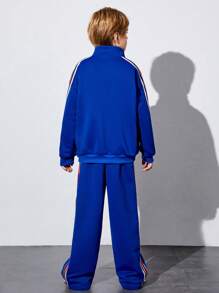 Cậu bé Tween Đồ họa Chữ cái Tương phản Đường may bên Áo khoác & Quần - Màu xanh lam - Xem 2
