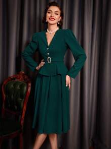 SHEIN DECDS Thanh lịch Vintage Của phụ nữ 2 Miếng Giáng sinh Màu xanh lá Ô dù Bộ váy - màu xanh lá - Xem 5