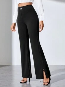 SHEIN Tall Butterfly Detail Split Hem Flare Leg Pants - Black - View 5