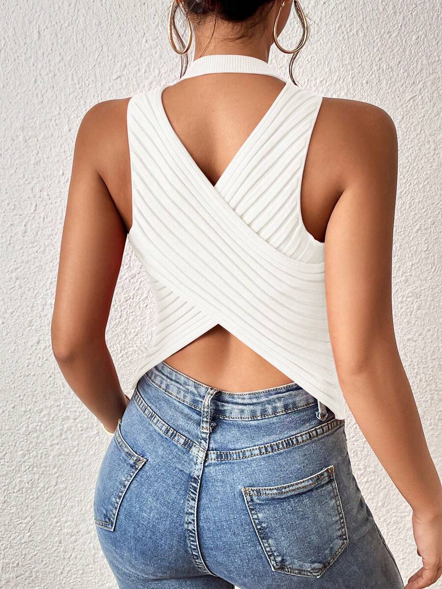 SHEIN Essnce Criss Cross Back Ribbed Knit Top - White - View 1