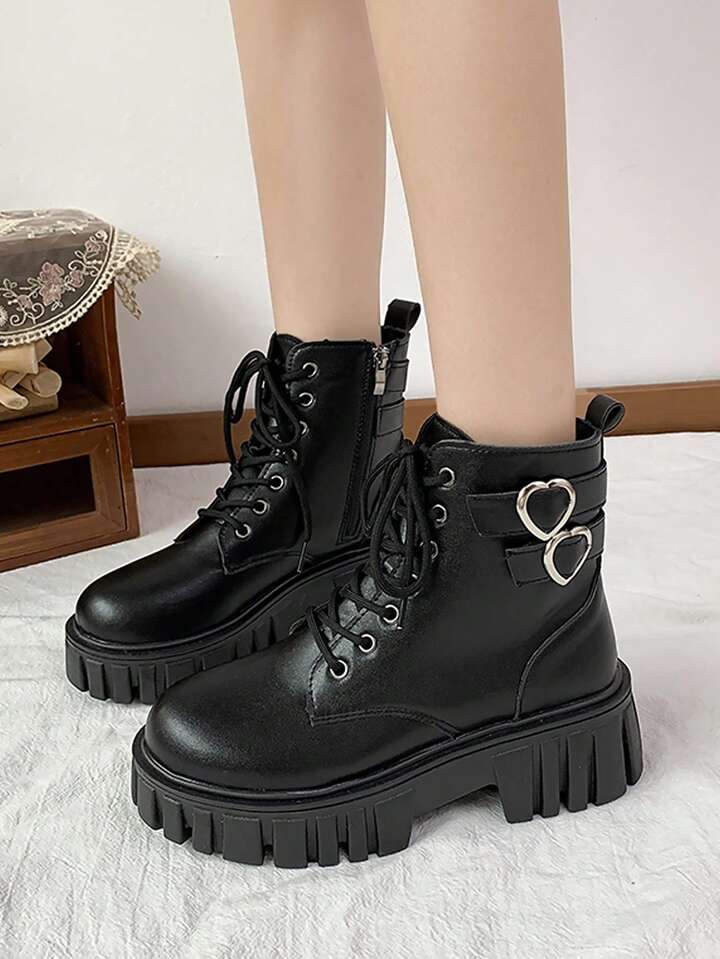 Our Kawaii Women Heart Buckle Decor Lace-up Front Combat Boots