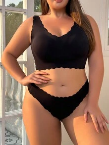 Plus Scallop Trim Lingerie Set - Black - View 3