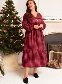 EMERY ROSE 大碼格子圖案燈籠袖荷葉邊繫腰帶洋裝 - 彩色 - 查看 4
