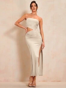 SHEIN BAE 鏤空高衩抹胸洋裝 - 杏色 - 查看 1