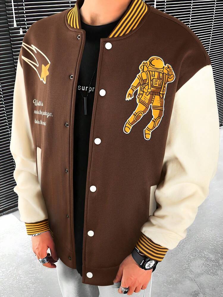 Oversized Men's Slogan & Astronaut Printed Colorblock Drop Shoulder Varsity Jacket