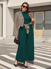 SHEIN Privé Plus Letter Graphic Jacket & Belted Wide Leg Jumpsuit