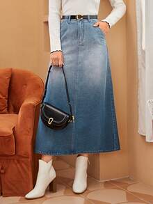 SHEIN Frenchy 漸層斜口袋牛仔半身裙 - 淺色水洗藍 - 查看 3