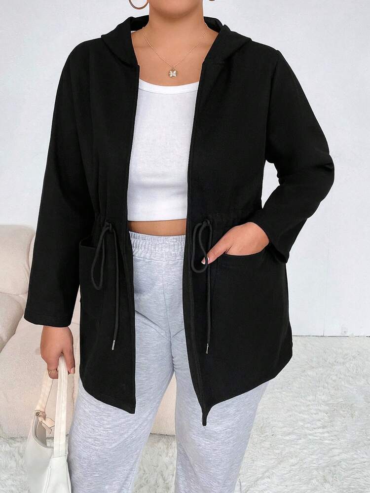 Plus Drawstring Waist Dual Pocket Hooded Coat