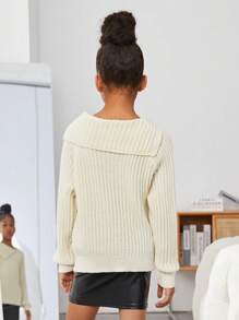 SHEIN Tween Girl Asymmetrical Neck Raglan Sleeve Ribbed Knit Sweater - Apricot - View 2