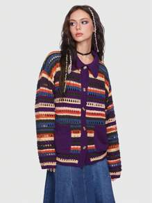 ROMWE 條紋拼色下垂肩開襟針織外套 - 彩色 - 查看 3