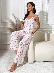 Heart Print Cami Top & Wide Leg Pants PJ Set - White - View 4