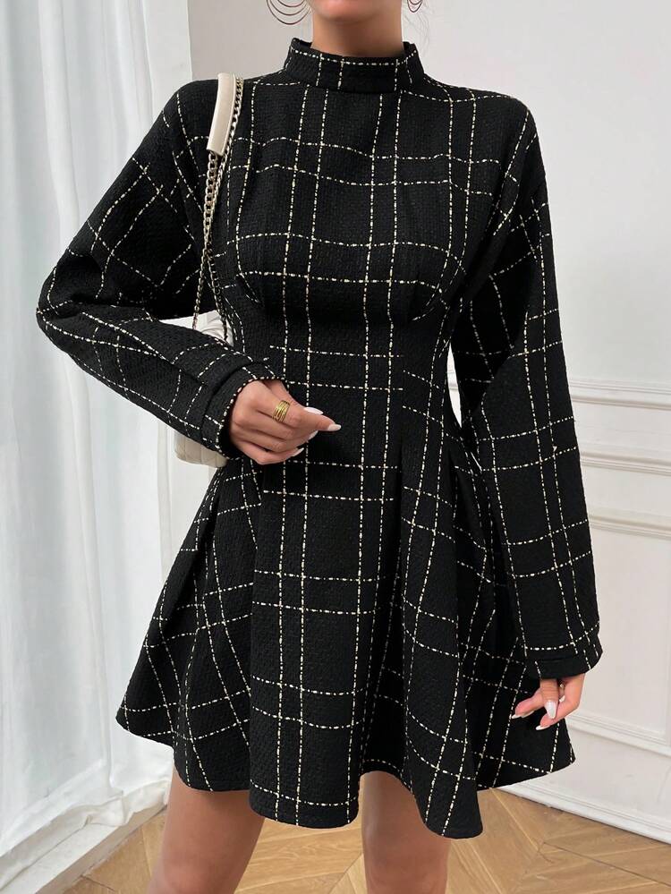 Plaid Print Mock Neck Fold Pleated Dress