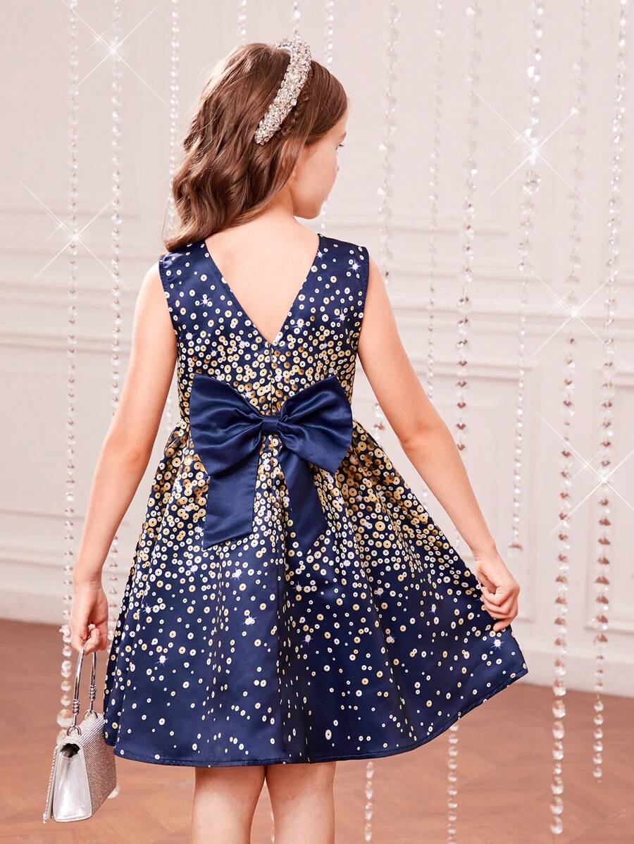 Tween Girl Sequin Print Bow Back Dress - Navy Blue - View 1