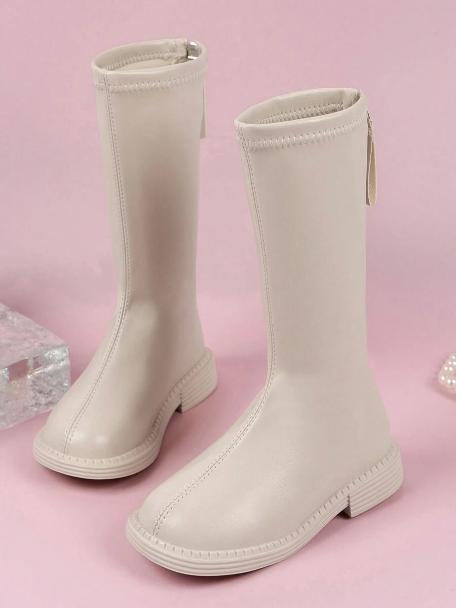 Chicas Botas hasta rodillas unicolor con cremallera trasera - Beis - Ver 1