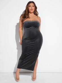 SHEIN X GiudiceGirls Talla grande Vestido ajustado tubo de muslo con abertura de terciopelo - Gris - Ver 3