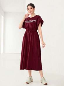 Seusyu 勃艮第红色标语图案蝴蝶袖连衣裙 - 酒紅色 - 查看 5