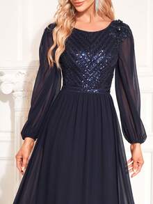 XUIBOL Contrast Sequin Mesh Formal Dress - Navy Blue - View 9