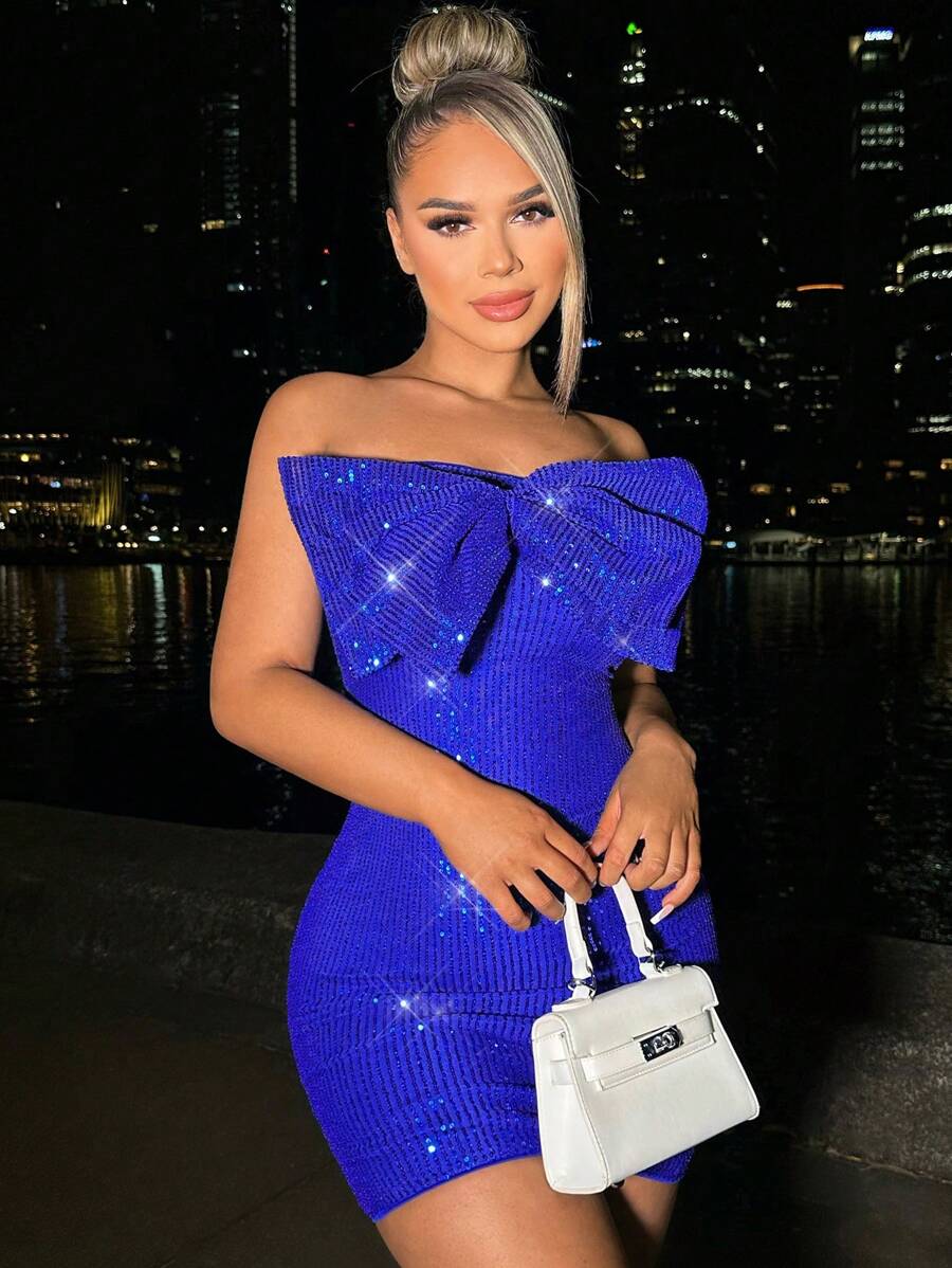 SHEIN SXY Bow Front Sequin Tube Bodycon Dress - Blue - View 1