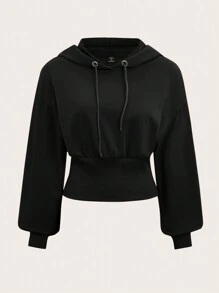 SHEIN EZwear Áo nỉ dáng rộng vai rớt có dây rút - màu đen - Xem 1