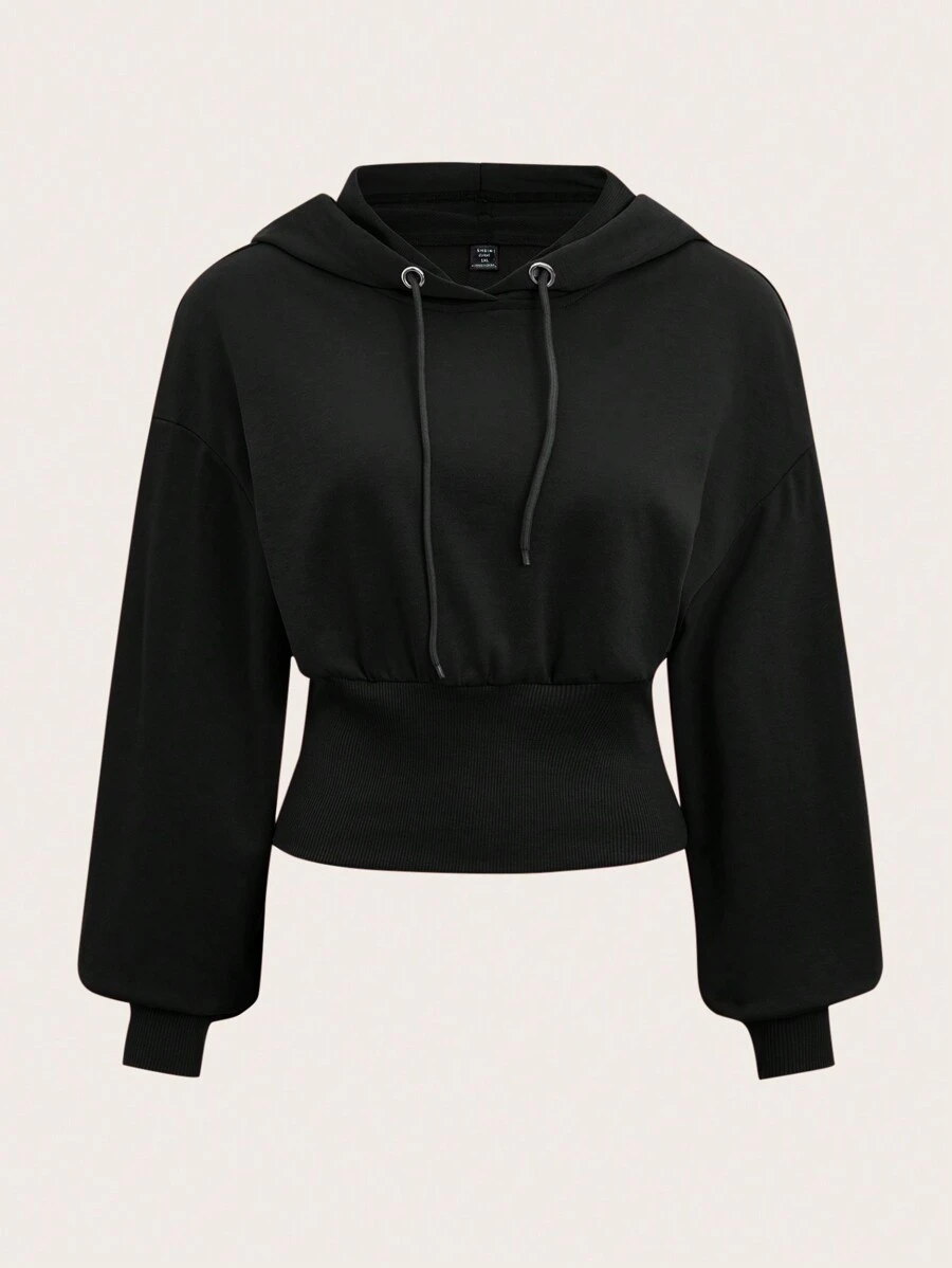 SHEIN EZwear Áo nỉ dáng rộng vai rớt có dây rút - màu đen - Xem 1
