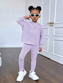 女小童字母壓紋落肩袖連帽衫和緊身褲 - 紫色 - 查看 6