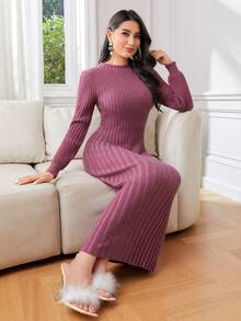 Modelyn Solid Ribbed Knit Sweater Dress - Red - View 5