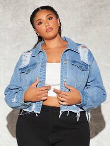 SHEIN CURVE+ Plus Ripped Raw Cut Drop Shoulder Denim Jacket - Blue - View 5