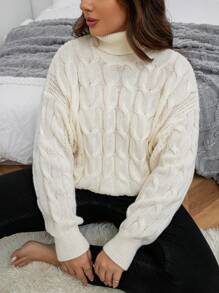 SHEIN CURVE+ 大碼高領麻花編織落肩袖套頭毛衣 - 米色 - 查看 4