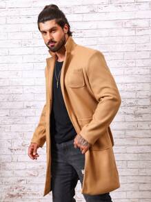 Manfinity Homme Loose Men's Dual Pocket Open Front Overcoat - Camel - View 3