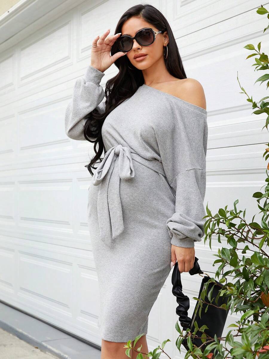 SHEIN Maternity Drop Shoulder Belted Bodycon Dress - Grey - View 1